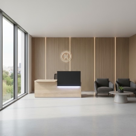 Meuble de réception en bois clair avec accès PMR et tablette intégrée 2