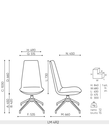 Schéma technique de la chaise Lumi 4R2 – dimensions et piétement 4 branches