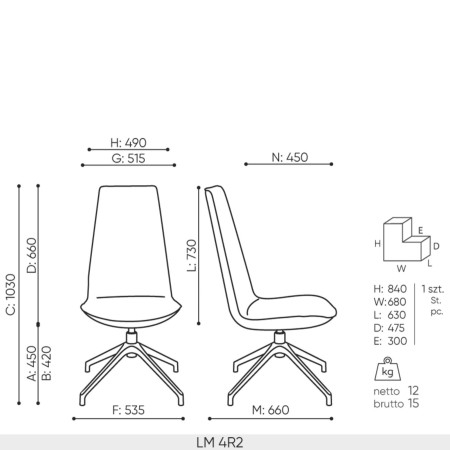 Schéma technique de la chaise Lumi 4R2 – dimensions et piétement 4 branches