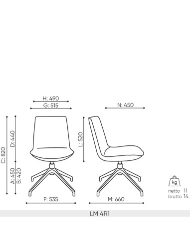 Schéma technique Lumi 4R1 avec dimensions et piétement pivotant 4 branches