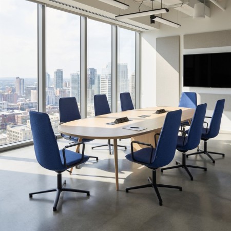 Salle de réunion avec chaises bleues dossier haut avec pieds étoiles à Zürich