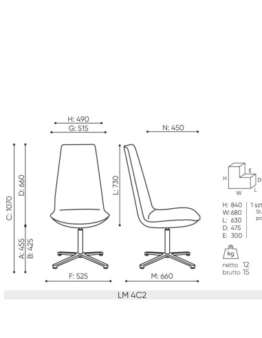 Schéma technique de la chaise Lumi 4C2 avec dimensions et piètement fixe