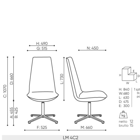 Schéma technique de la chaise Lumi 4C2 avec dimensions et piètement fixe