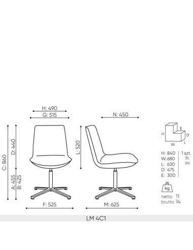 plan technique chaise Lumi 4C1 dimensions complètes piétement 4 branches