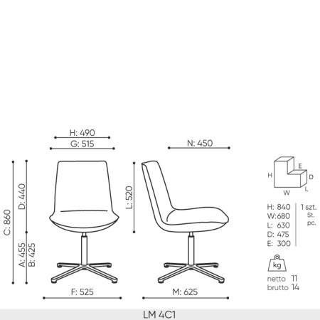 plan technique chaise Lumi 4C1 dimensions complètes piétement 4 branches