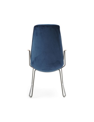 Chaise de réunion design Lumi en tissu bleu, dossier haut et base luge pour espaces d’accueil professionnels vue de derrière
