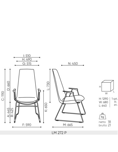 dimensions de la chaise Lumi haute pour salle de réunion avec structure luge métal