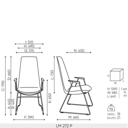 dimensions de la chaise Lumi haute pour salle de réunion avec structure luge métal