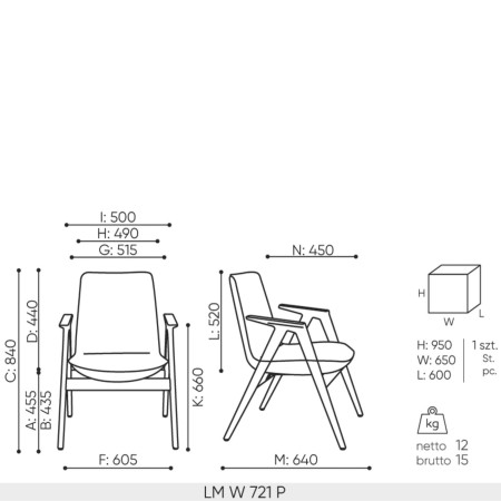 Schéma technique chaise Lumi dimensions structure luge avec accoudoirs