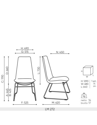 Fiche technique chaise Lumi 272 dimensions dossier haut