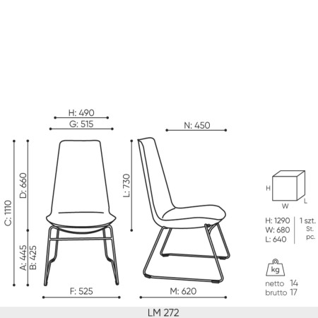 Fiche technique chaise Lumi 272 dimensions dossier haut