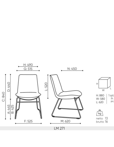 schéma technique chaise de réunion Lumi LM 271 dimensions piètement traîneau