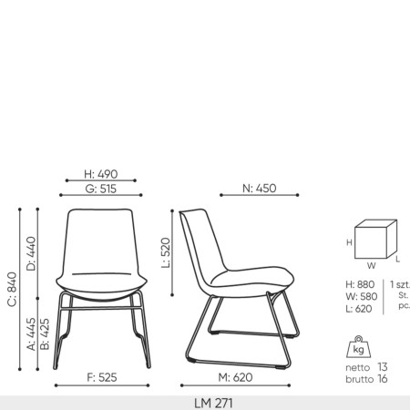 schéma technique chaise de réunion Lumi LM 271 dimensions piètement traîneau