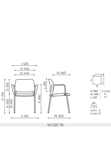 Dimensions chaise Volo VO 22C avec accoudoirs, largeur 580 mm profondeur 620 mm hauteur 795 mm