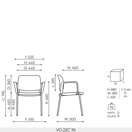 Dimensions chaise Volo VO 22C avec accoudoirs, largeur 580 mm profondeur 620 mm hauteur 795 mm