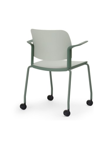 Vue de dos de la chaise de formation blanche avec roulettes en plastique VOLO