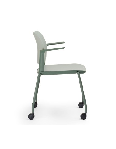 Vue de profil de la chaise Volo avec roulettes et accoudoirs