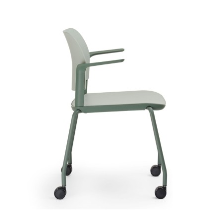 Vue de profil de la chaise Volo avec roulettes et accoudoirs