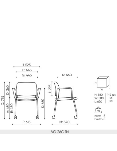 Schéma technique chaise Volo avec dimensions et roulettes