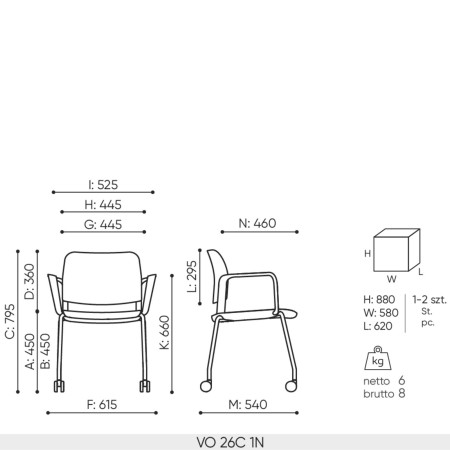 Schéma technique chaise Volo avec dimensions et roulettes