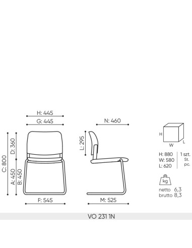 Schéma technique chaise de réunion Volo VO 231 avec dimensions et piètement luge
