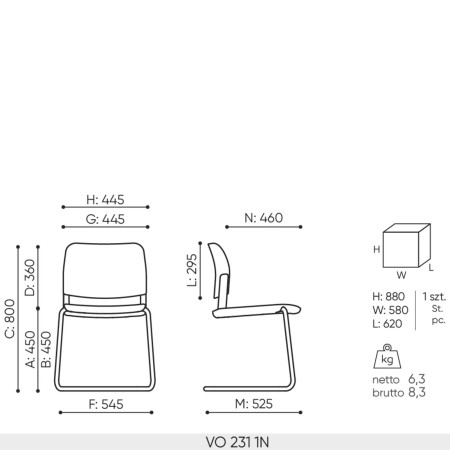 Schéma technique chaise de réunion Volo VO 231 avec dimensions et piètement luge