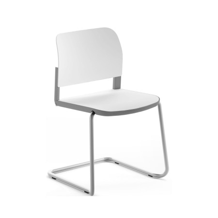 Chaise de réunion Volo piètement luge, assise et dossier en plastique blanc, usage professionnel