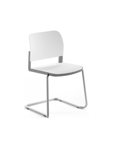 Chaise de réunion Volo piètement luge, assise et dossier en plastique blanc, usage professionnel