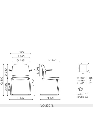 Schéma technique chaise de réunion Volo VO 230 avec dimensions