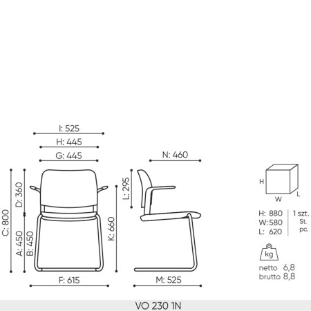 Schéma technique chaise de réunion Volo VO 230 avec dimensions