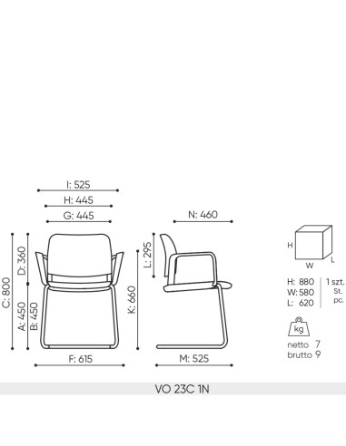 Schéma technique chaise Volo VO 23C dimensions et piètement luge