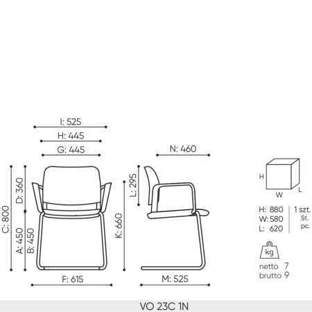Schéma technique chaise Volo VO 23C dimensions et piètement luge