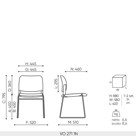 Schéma technique chaise Volo VO 271 sans accoudoirs avec dimensions