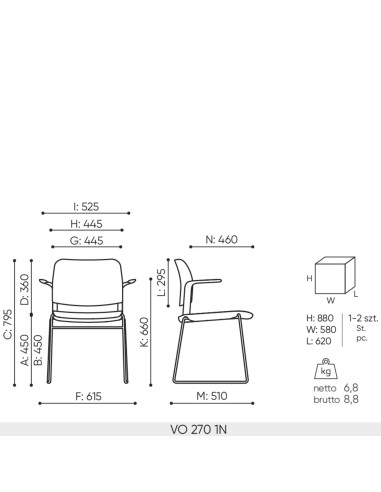 Schéma technique chaise de réunion Volo VO 270 avec dimensions et piètement luge