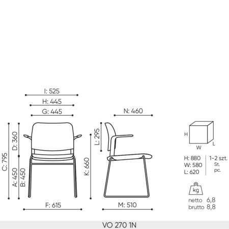 Schéma technique chaise de réunion Volo VO 270 avec dimensions et piètement luge