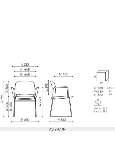 Schéma technique chaise de réunion Volo VO 27C avec dimensions
