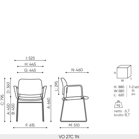 Schéma technique chaise de réunion Volo VO 27C avec dimensions