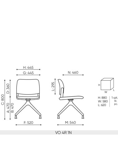 Schéma technique chaise Volo pivotante avec dimensions et piètement 4 branches