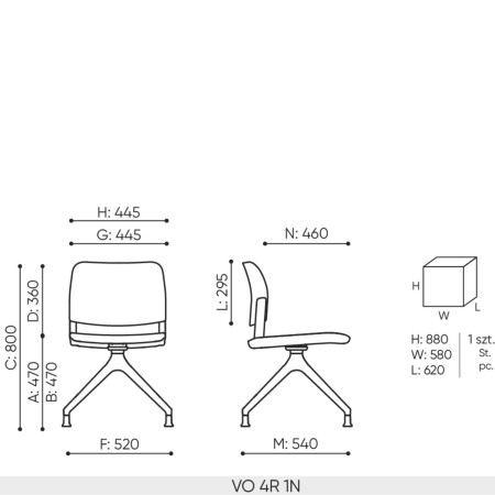 Schéma technique chaise Volo pivotante avec dimensions et piètement 4 branches