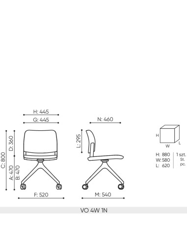 Schéma technique chaise Volo 4W avec roulettes et dimensions