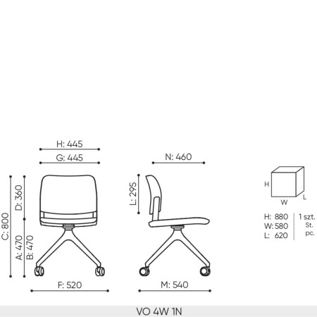 Schéma technique chaise Volo 4W avec roulettes et dimensions