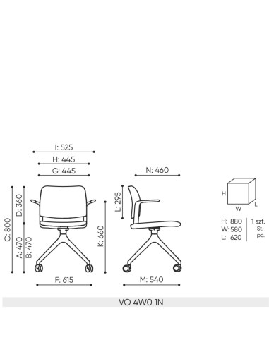 Schéma technique chaise Volo VO 4W0 avec dimensions et roulettes