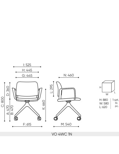 Schéma technique chaise Volo 4WC avec dimensions et roulettes