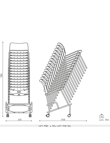 Schéma technique du chariot Volo avec dimensions et capacité de stockage