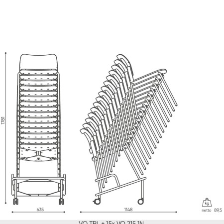 Schéma technique du chariot Volo avec dimensions et capacité de stockage