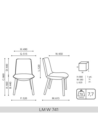 Schéma technique chaise Lumi avec dimensions et base bois