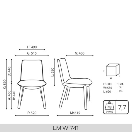 Schéma technique chaise Lumi avec dimensions et base bois