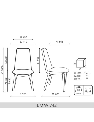 Schéma technique chaise lounge Lumi Wood 742 avec dimension