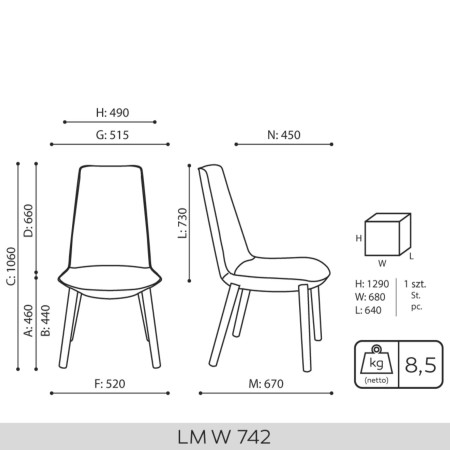 Schéma technique chaise lounge Lumi Wood 742 avec dimension