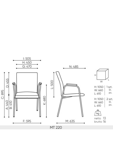 Schéma technique chaise de réunion Mate MT 220 avec dimensions